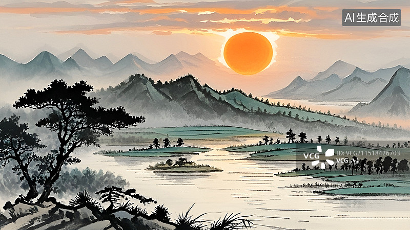 【AI数字艺术】《登鹳雀楼》诗配画图片素材