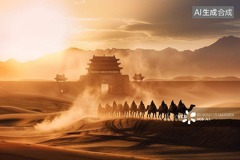 【AI数字艺术】古城沙漠上行进的驼队——丝绸之路和一带一路概念图片素材