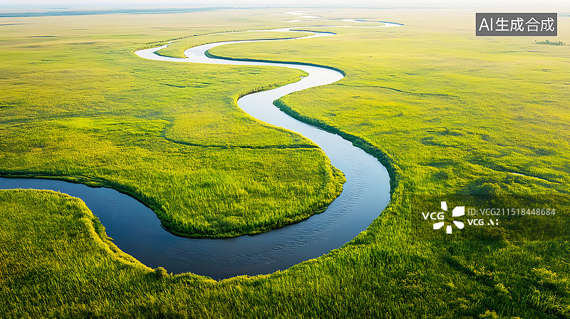 【AI数字艺术】AIGC：航拍草原河流风光 高视角 背景插图图片素材