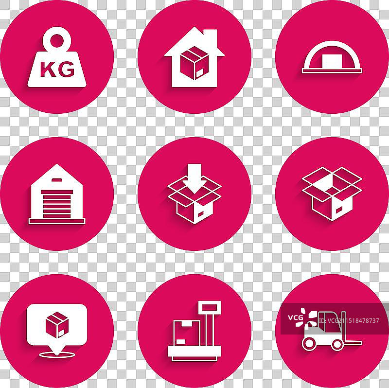 纸箱、瓦楞纸箱、带叉车的秤组合图片素材