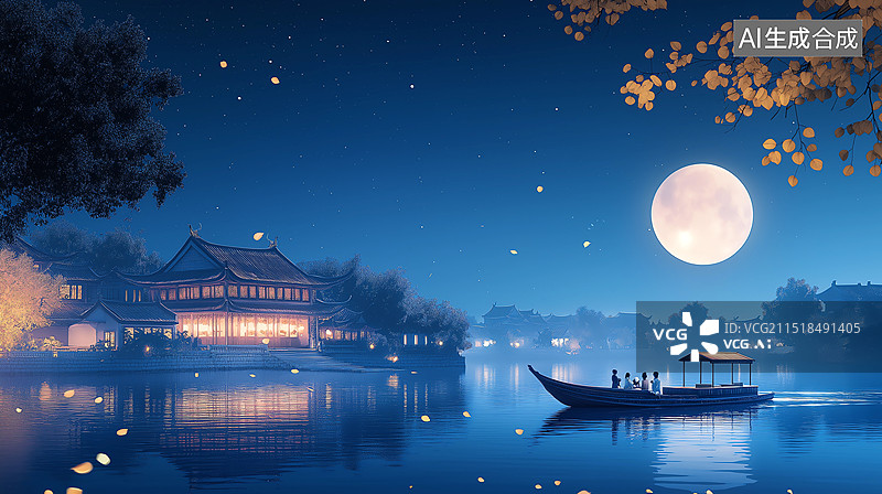 【AI数字艺术】秋季中国风海报——姑苏城外寒山寺，夜半钟声到客船图片素材