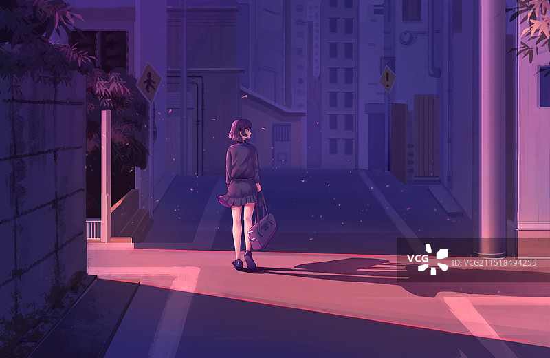 二次元街道夕阳下班的女生图片素材