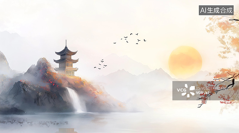 【AI数字艺术】中国风山水画意境背景——白日依山尽，黄河入海流，欲穷千里目，更上一层楼图片素材