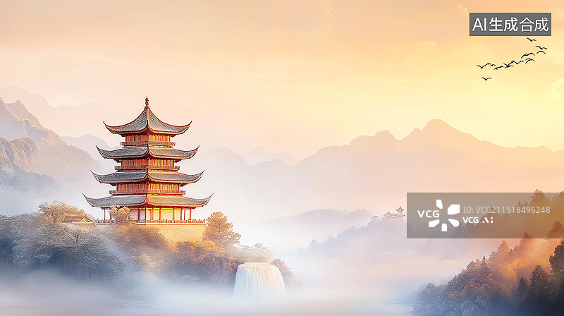 【AI数字艺术】中国风山水画意境背景——白日依山尽，黄河入海流，欲穷千里目，更上一层楼图片素材