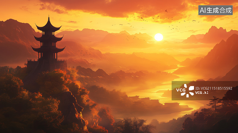 【AI数字艺术】古诗登鹳雀楼配图插画黄河夕阳落日风景登高望远图片素材