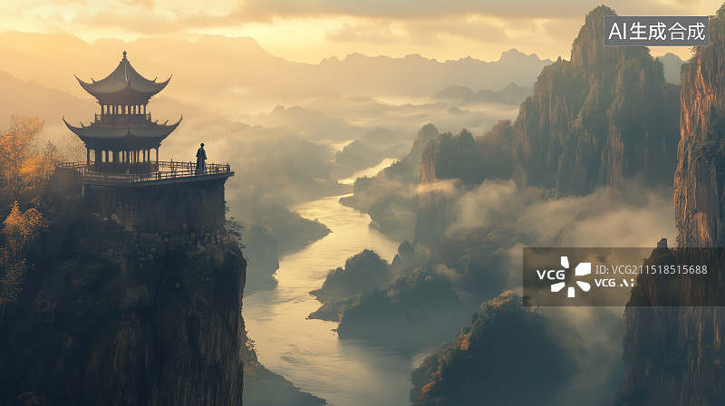【AI数字艺术】古诗登鹳雀楼配图插画黄河夕阳落日风景登高望远图片素材