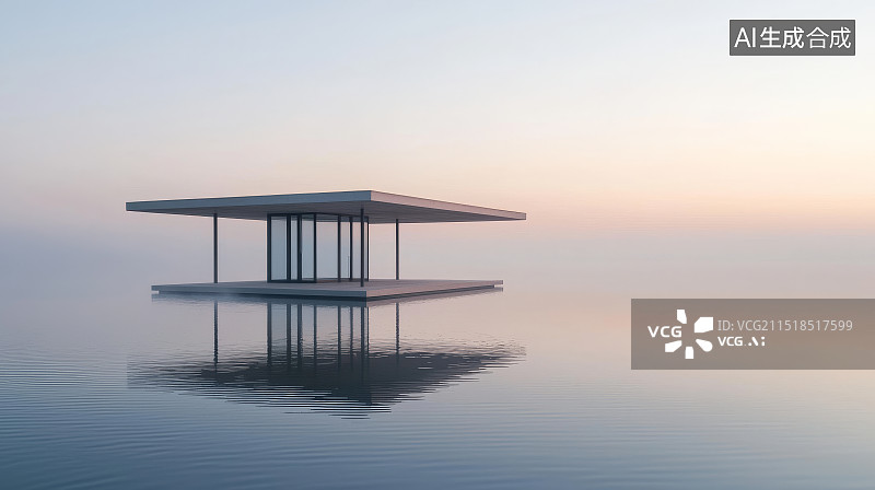 【AI数字艺术】湖面漂浮的极简建筑图片素材