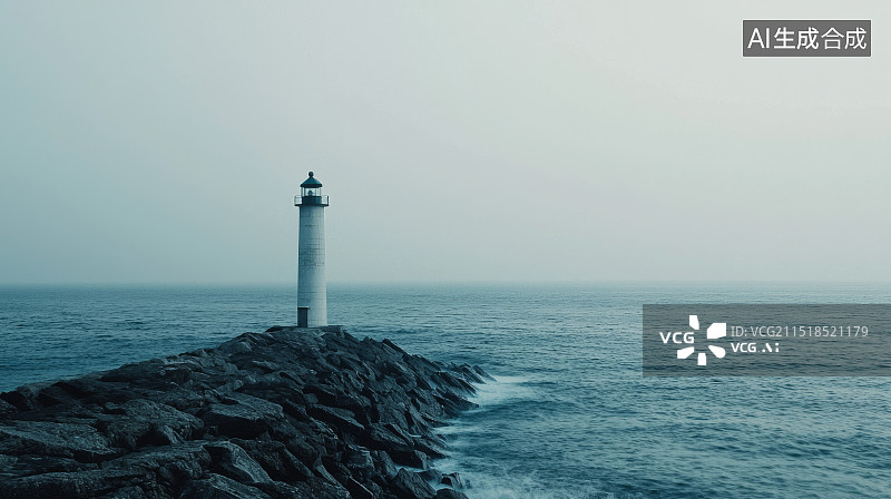 【AI数字艺术】海边灯塔与宁静海洋图片素材