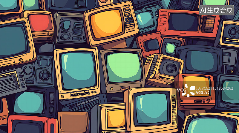【AI数字艺术】废弃老旧电视机错乱堆叠背景图片素材