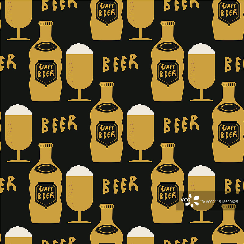 啤酒瓶眼镜和啤酒文字无缝背景图片素材