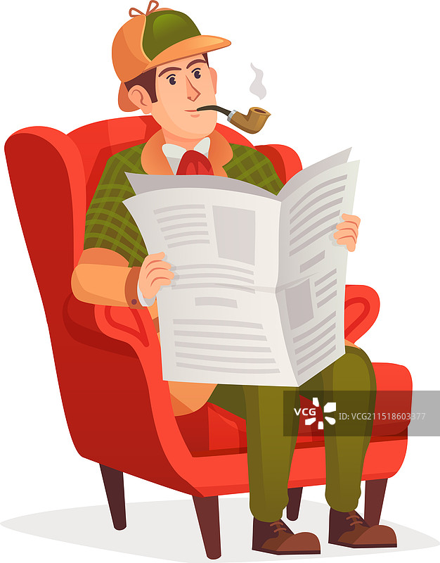 复古侦探阅读报纸抽烟斗图片素材