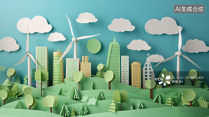 【AI数字艺术】剪纸风格绿色城市背景下的风车——新能源发电绿色电力概念图片素材