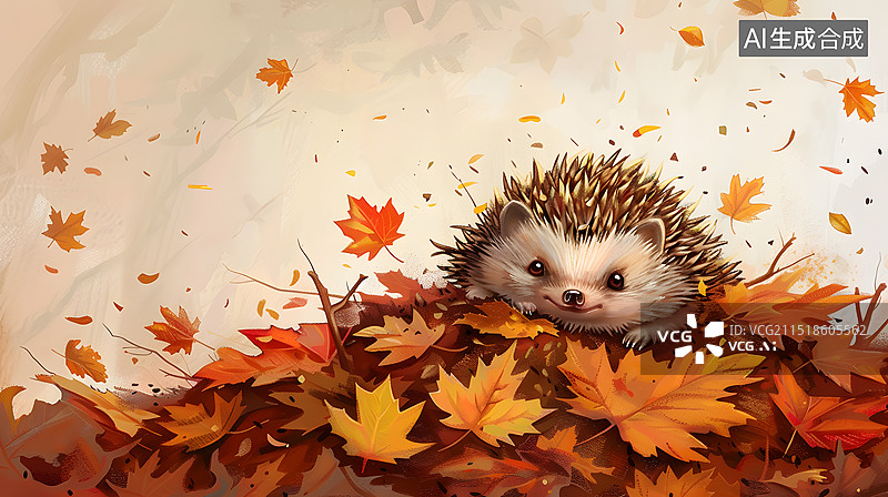 【AI数字艺术】秋日秋季可爱小刺猬卡通动漫背景插画图片素材