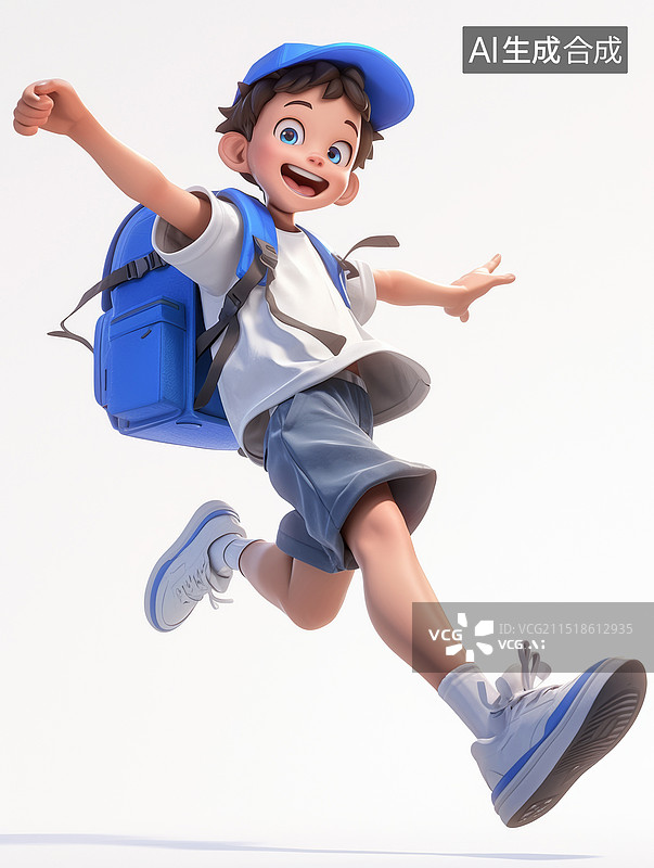 【AI数字艺术】背着书包的可爱男孩跳跃奔跑图片素材