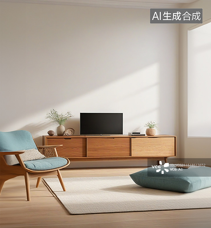 【AI数字艺术】简约冷淡风米色客厅装修风格室内电视柜沙发椅子底垫抱枕写实插图图片素材