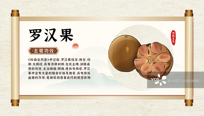 中药药材一罗汉果的作用和功效介绍手绘插图海报图片素材