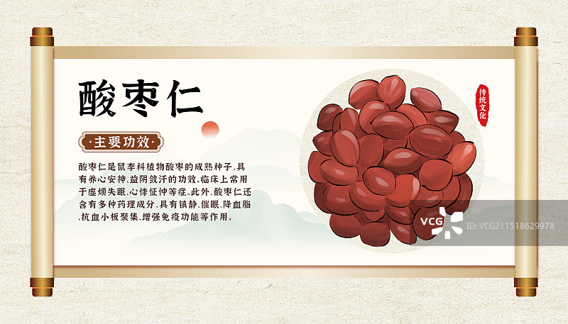中药药材一酸枣仁的作用和功效介绍手绘插图海报图片素材