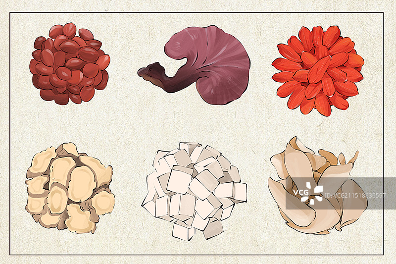 酸枣仁，灵芝，枸杞，独活，茯苓，百合图片素材