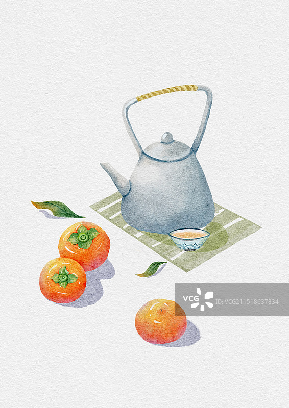 中国传统二十四节气 秋分 水彩柿子插画图片素材