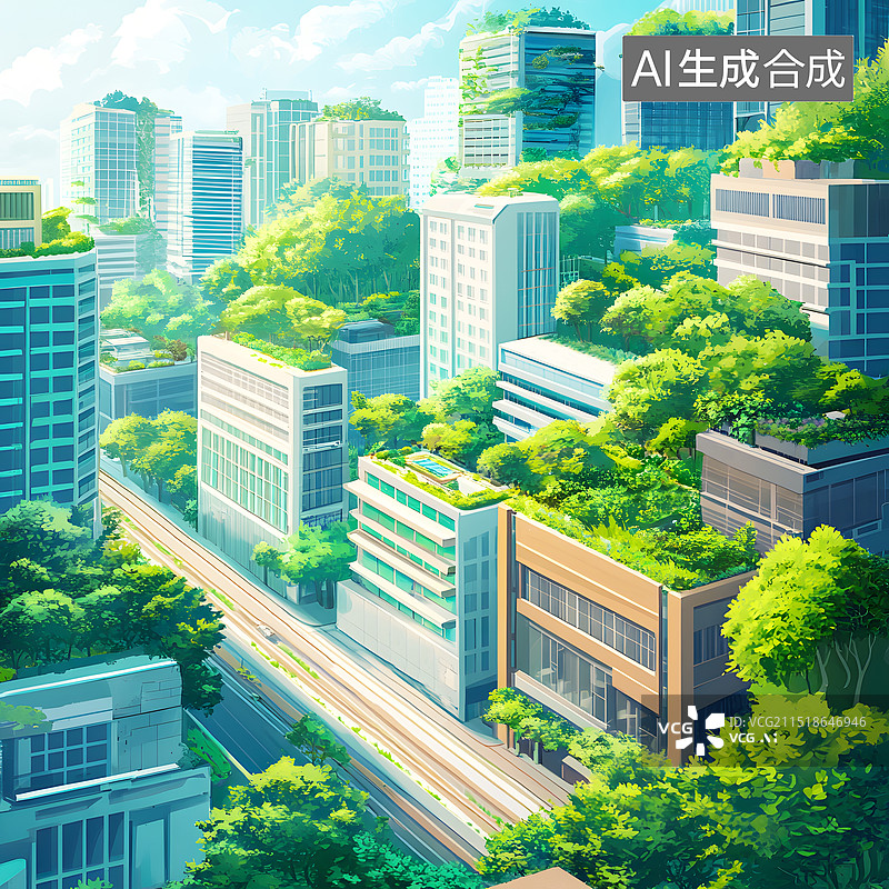 【AI数字艺术】AIGC：绿色城市 城市建筑与道路图片素材