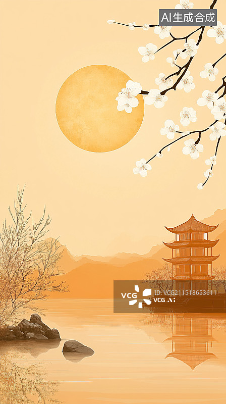 【AI数字艺术】水墨画风格的中国园林图片素材