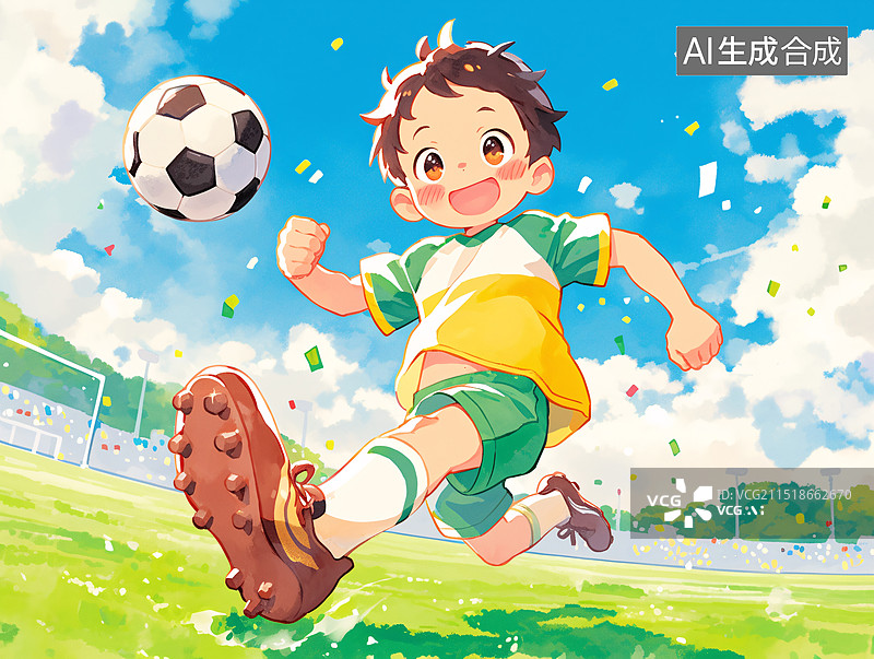 【AI数字艺术】可爱小男孩踢足球夏天户外运动比赛插画图片素材