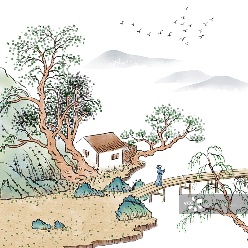 唯美清新手绘水墨二十四节气插画雨水图片素材