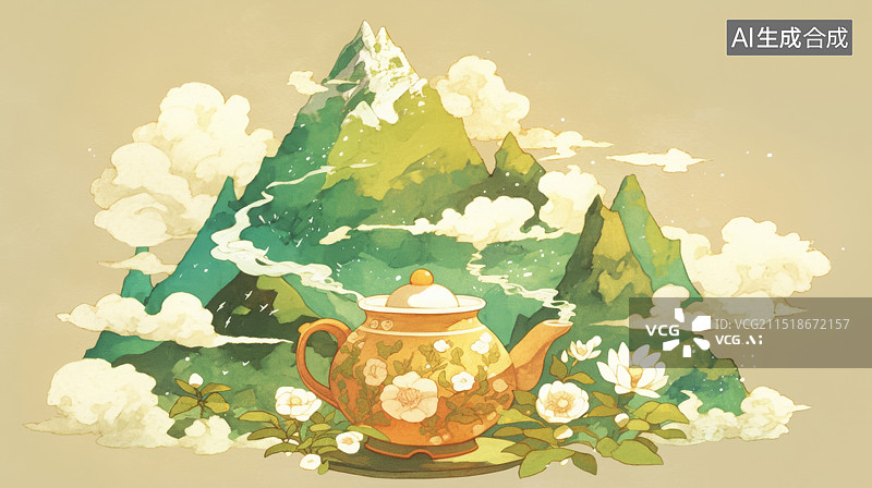 【AI数字艺术】中国风茶道茶叶包装背景扁平矢量插画图片素材