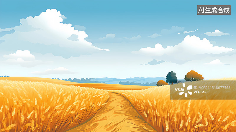 【AI数字艺术】秋天丰收金色麦田乡间小路插画图片素材