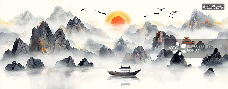 【AI数字艺术】新中式水墨意境山水画图片素材