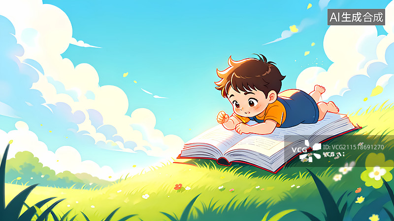 【AI数字艺术】户外儿童读书插画图片素材