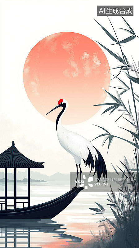 【AI数字艺术】中国风意境插画——水上的丹顶鹤图片素材