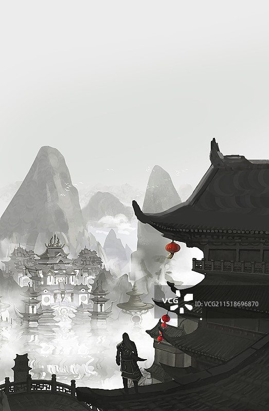 水墨场景古建筑插画 古风背景图片素材