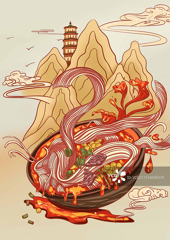 大碗面后面山和塔祥云图片素材