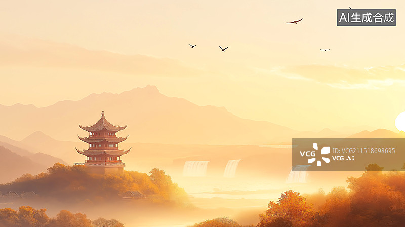 【AI数字艺术】中国风山水画意境背景——白日依山尽，黄河入海流，欲穷千里目，更上一层楼图片素材