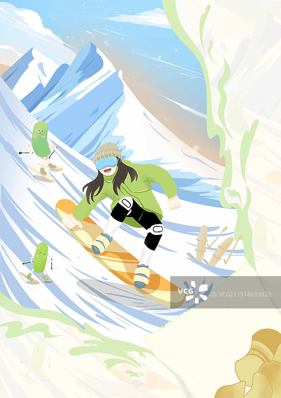 黄瓜人雪山滑雪图片素材