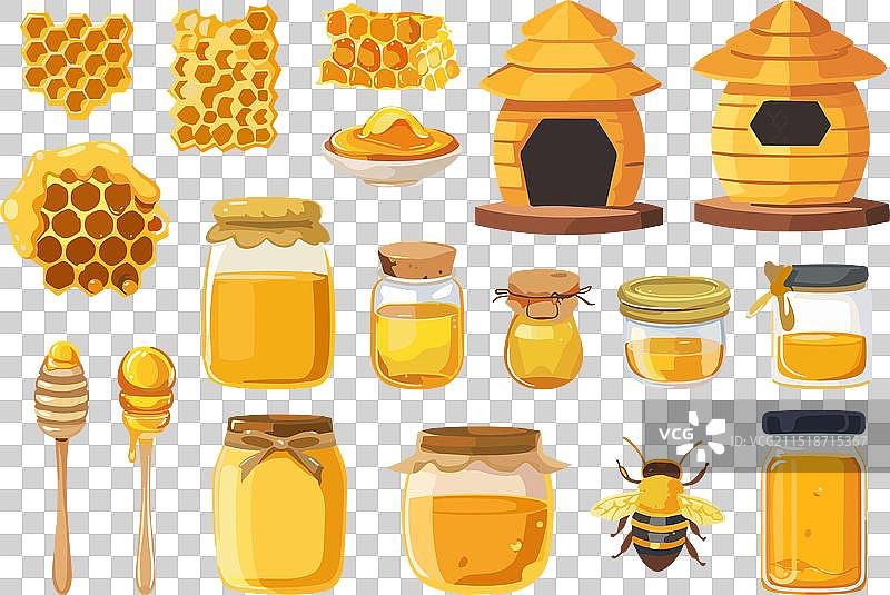 蜜蜂与蜂蜜卡通蜂巢玻璃套装图片素材