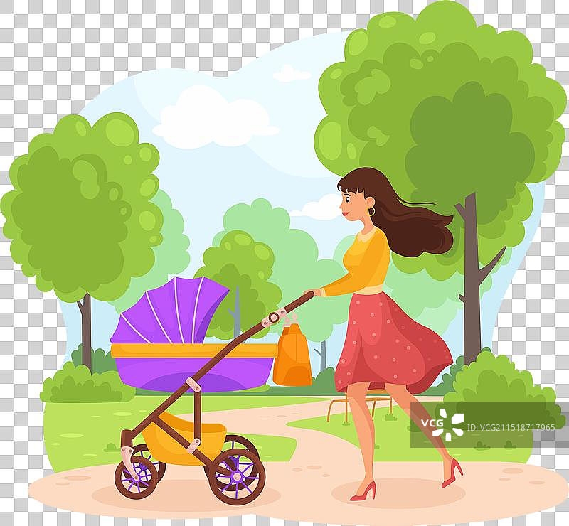 母亲推着婴儿车散步图片素材