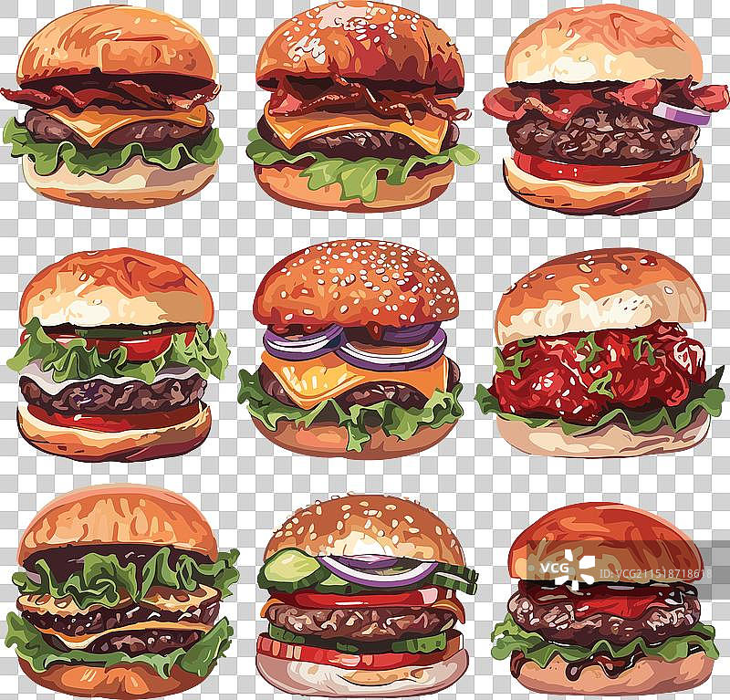 汉堡卡通套餐：松饼、面包、肉图片素材