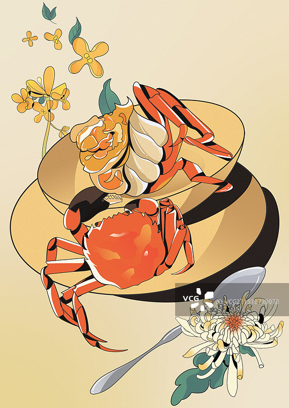 在盘子里的大闸蟹美食插画图片素材