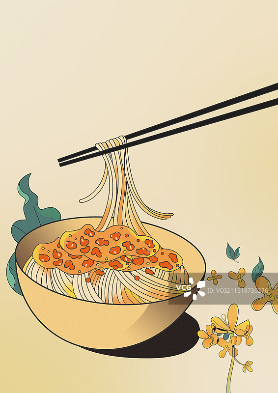 用筷子挑起面条的蟹黄拌面美食插画图片素材