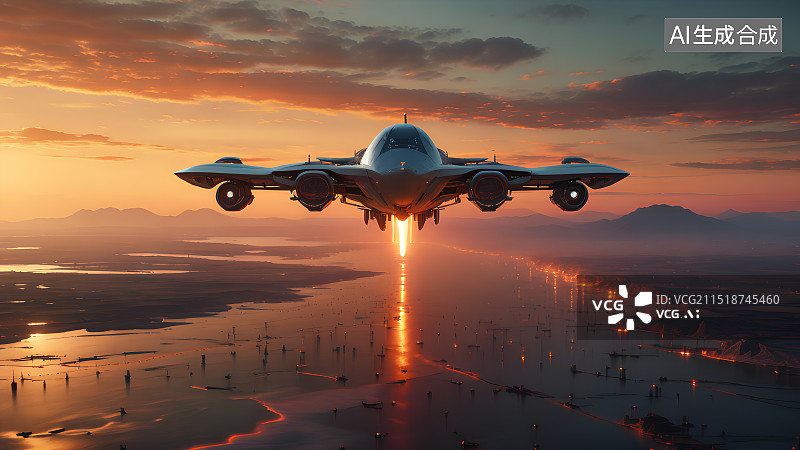 【AI数字艺术】科幻场景，科幻原画，夕阳下起飞的未来喷气式飞机，飞行器，手绘厚涂图片素材
