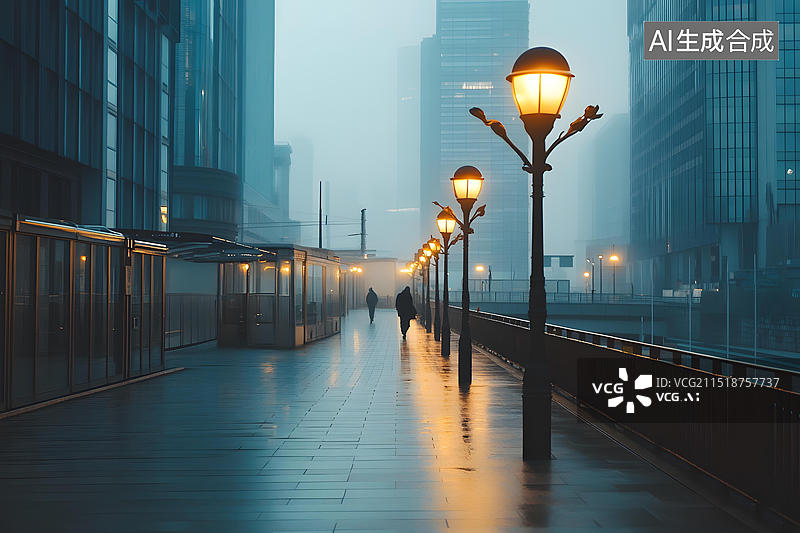 【AI数字艺术】雾气笼罩的城市街道，街道两旁的路灯和两个行人图片素材