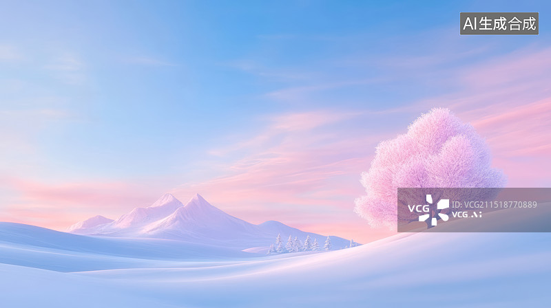 【AI数字艺术】冬季山地森林地形雪景与灿烂晚霞天空背景图片素材