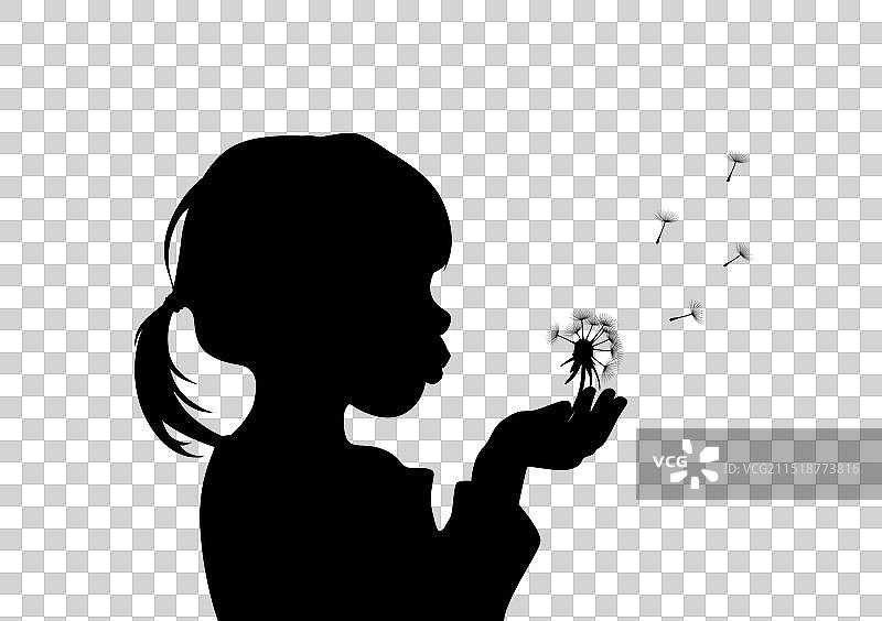 吹蒲公英的女孩剪影图片素材