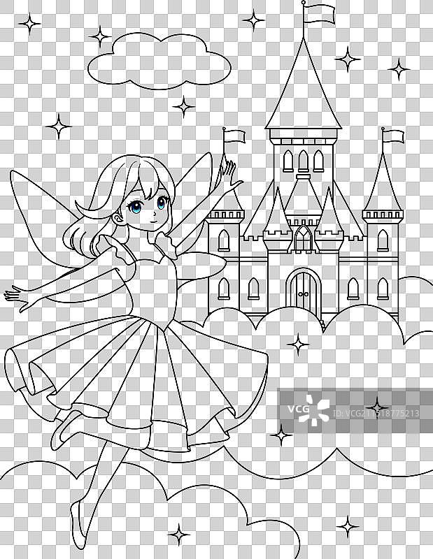 可爱的卡通仙女城堡轮廓填色图片素材