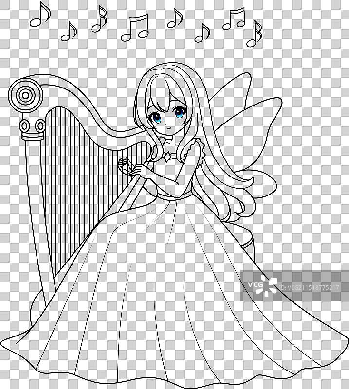 可爱仙女弹奏竖琴描线涂色图片素材