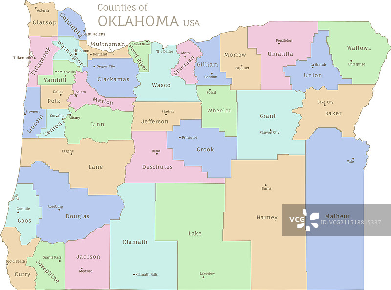 美国俄勒冈州行政地图图片素材