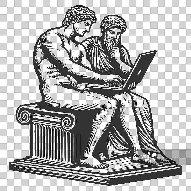 使用现代笔记本电脑的古代哲学家图片素材