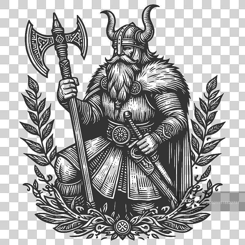 维京战士与斧头雕刻图片素材
